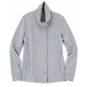 REI Womens Grey Button Front‎ Funnel Neck Cardigan Jacket Thumbholes Size Large